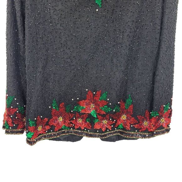 Vtg 80s Black Silk Red Poinsettia Beaded Jacket Cardigan Sz S Christmas Holiday - Picture 9 of 10